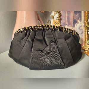 Vintage Garay Elegant Black Clutch with Gold Accents Rhinestone 8x6 Satin